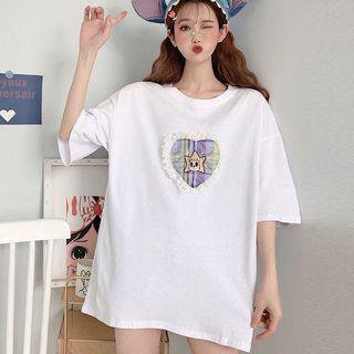 Elbow-sleeve Heart Applique T-shirt White - One Size