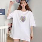 Elbow-sleeve Heart Applique T-shirt White - One Size