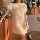 Puff-sleeve Fluffy Mini Dress Almond - One Size