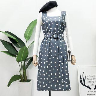 Mock-neck Knit Top / Sleeveless Dotted A-line Dress