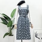 Mock-neck Knit Top / Sleeveless Dotted A-line Dress