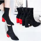 Elastic Faux Suede Chunky Heel Mid-calf Boots