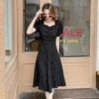 Puff-sleeve Shirred Floral Midi A-line Dress