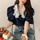 Lace Puff-sleeve Blouse Dark Blue - One Size