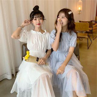 Off-shoulder Ruffle Trim Layer Pleated Dress