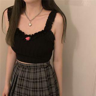 Sleeveless Floral Frill Trim Cropped Top