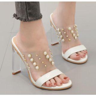 Beaded Clear High Heel Slide Sandals