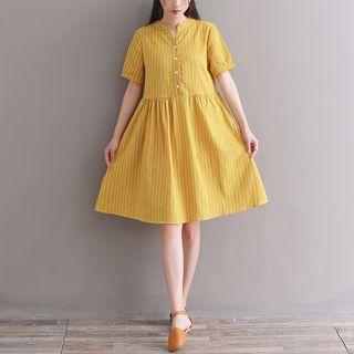 Short-sleeve Striped Buttoned A-line Dress