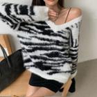 Zebra Pattern V-neck Sweater As Shown In Figure - One Size