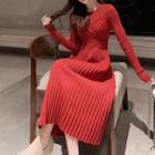Long-sleeve Accordion Pleated Knit Midi A-line Dress