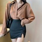 Long-sleeve Loose-fit Blouse / Side-slit Skirt