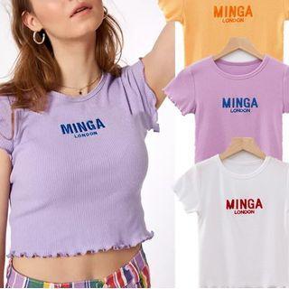 Cap-sleeve Frill Trim Lettering T-shirt