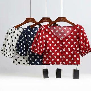 Short-sleeve V-neck Polka Dot Top
