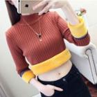 Color-block Mock-neck Long-sleeve Slim-fit Knit Top