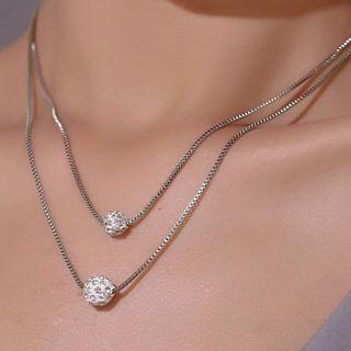 Rhinestone Bead Pendant Layered Necklace F075 - 01 - Silver - One Size