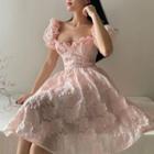Puff-sleeve Flower Embroidered Ruffled A-line Dress