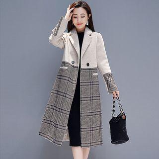 Long Notch-lapel Double-breasted Plaid Panel Coat