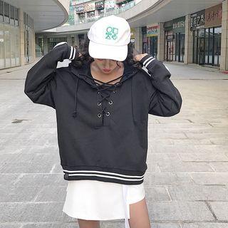 Contrast Trim Lace Up Detail Hoodie