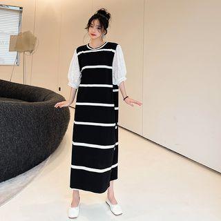 Lantern-sleeve Striped Midi Dress