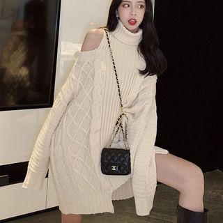 Turtle-neck Cold-shoulder Sweater Dress