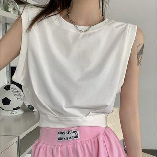 Round-neck Plain Cropped Sleeveless Top