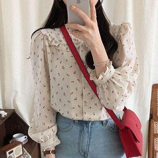Long-sleeve Floral Print Frill Trim Chiffon Blouse