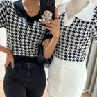Houndstooth Cropped Knit Polo Shirt