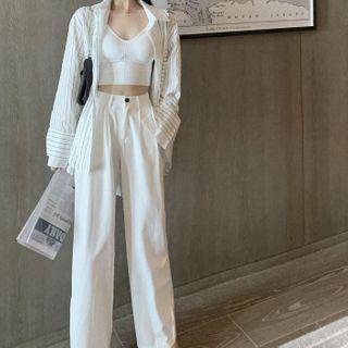 Long-sleeve Striped Shirt / Wide-leg Pants / Spaghetti Strap Top
