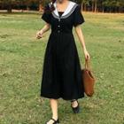 Sailor Collared Short-sleeve Midi A-line Dress Black - One Size