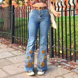 Flower Embroidery High Waist Skinny Boot Cut Jeans