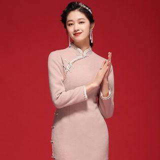 Traditional Chinese Long-sleeve Plain Midi Qipao Dress
