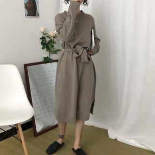 Slit Midi Sweater Dress With Sash