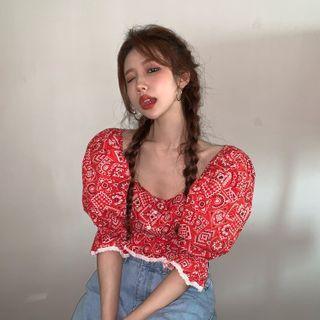 Puff-sleeve Pattern Printed Cropped Top
