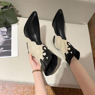 Two-tone Pointy-toe Chunky-heel Mid-calf Boots