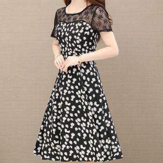 Short-sleeve Floral Print Lace Panel A-line Dress