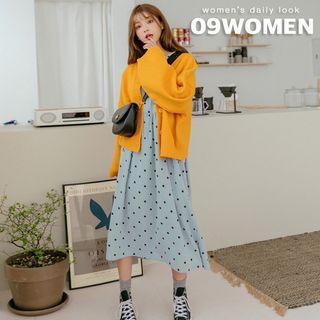 Button-back Gathered-waist Long Dotted Dress