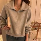 Long-sleeve Lapel Plain Semi Zip Sweatshirt