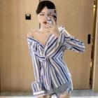 Cold-shoulder Long-sleeve Striped Shirt As Shown In Figure - One Size