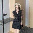 Dotted Mesh Panel Double-breasted Mini A-line Blazer Dress