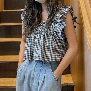 Sleeveless Ruffle Trim Gingham Crop Top Black - One Size