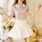 Set: Short-sleeve Striped Knit Top + Pleated Mini Skirt