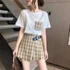 Set: Elbow-sleeve T-shirt + Plaid Mini A-line Skirt