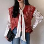 Printed Button Knit Vest Red - One Size