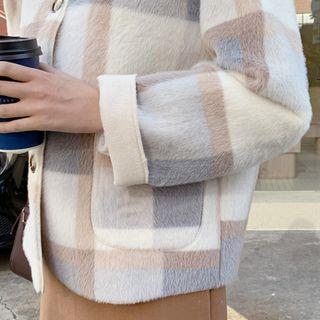 Collared Patch-pocket Checked Furry Jacket Light Beige - One Size
