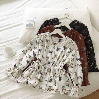 Floral Print V-neck Chiffon Lace-up Top