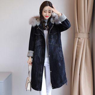 Faux Fur Trim Hooded Long Denim Zip Jacket