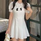 Puff-sleeve Collared Blouse / Strapless Mini A-line Overall Dress