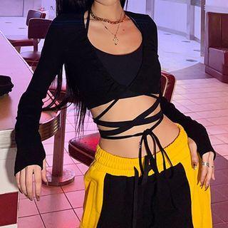 Long-sleeve Drawstring Cutout Crop T-shirt