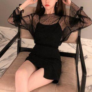 Long-sleeve Mesh Top Long Sleeve Top - Black - One Size