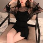 Long-sleeve Mesh Top Long Sleeve Top - Black - One Size
